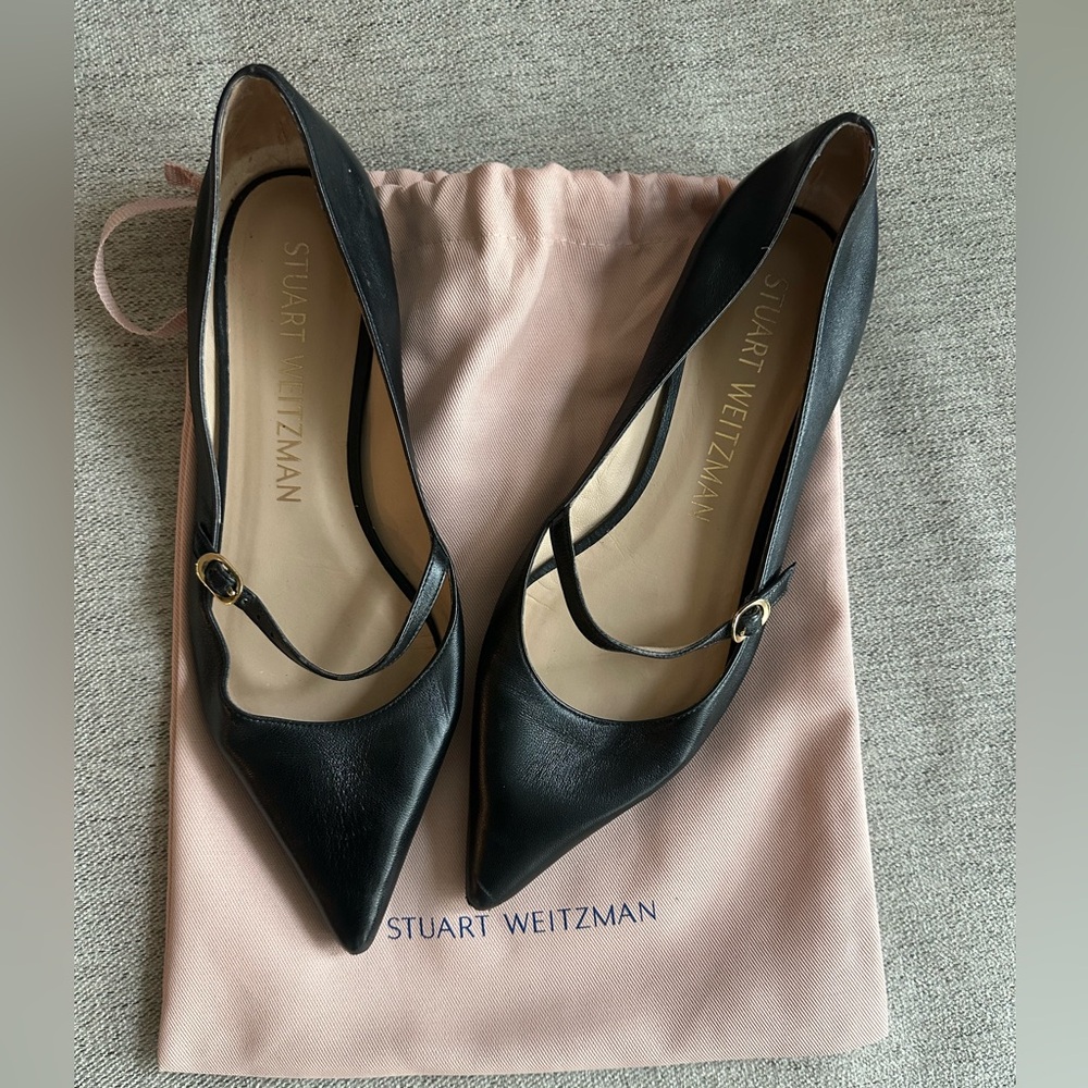 Stuart Weitzman Black Leather Pointed-Toe Mary Jane Pumps